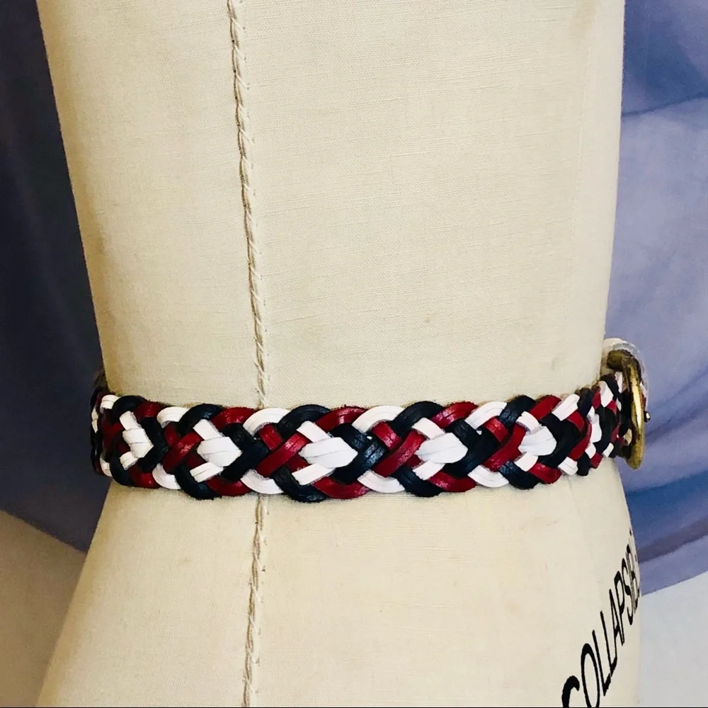 Vintage Y2K Genuine Leather braided woven adjustable belt blue red one size